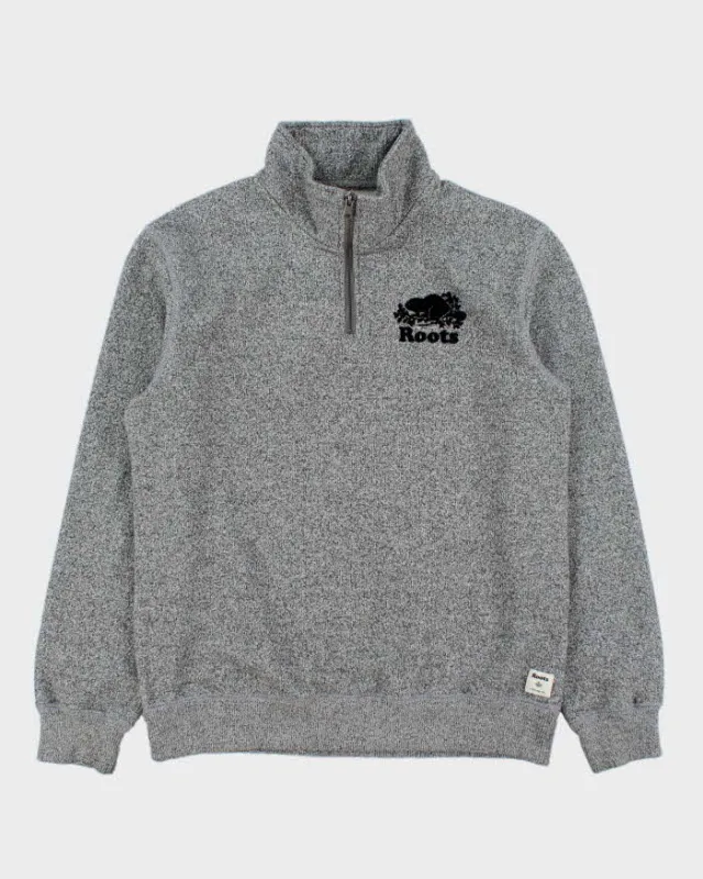 Vintage Y2K 00s Roots Marl Grey Felt Logo Quarter-Zip Sweatshirt - M made by Roots