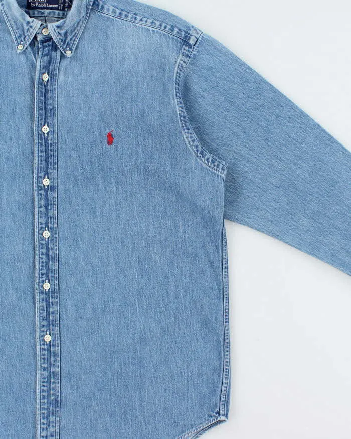 Vintage 1980s Polo Ralph Lauren Heavyweight Light Wash Long Sleeve Denim Shirt - M sold by Rokit product image thumbnail 3
