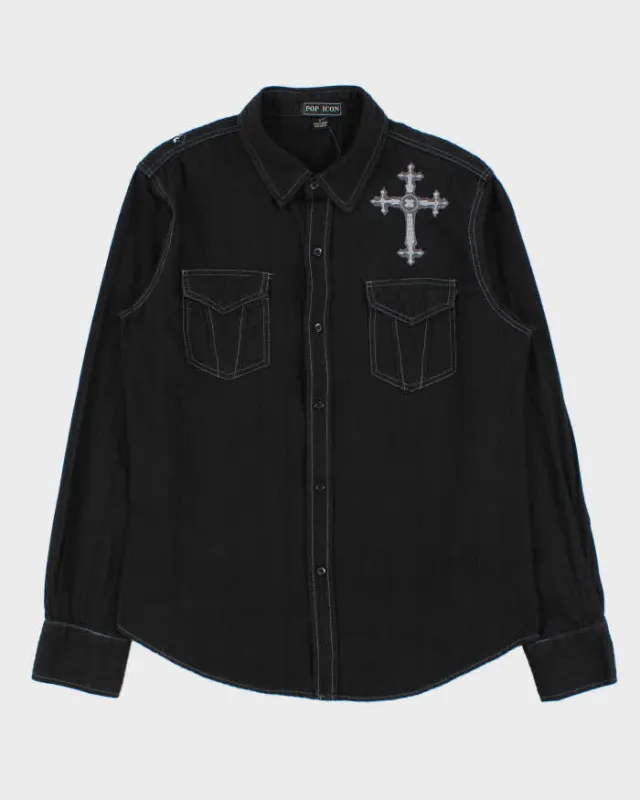 Vintage Y2K 00s Pop Icon Embroidered Striped Contrast Stitch Gothic Long Sleeve Shirt - L made by Rokit