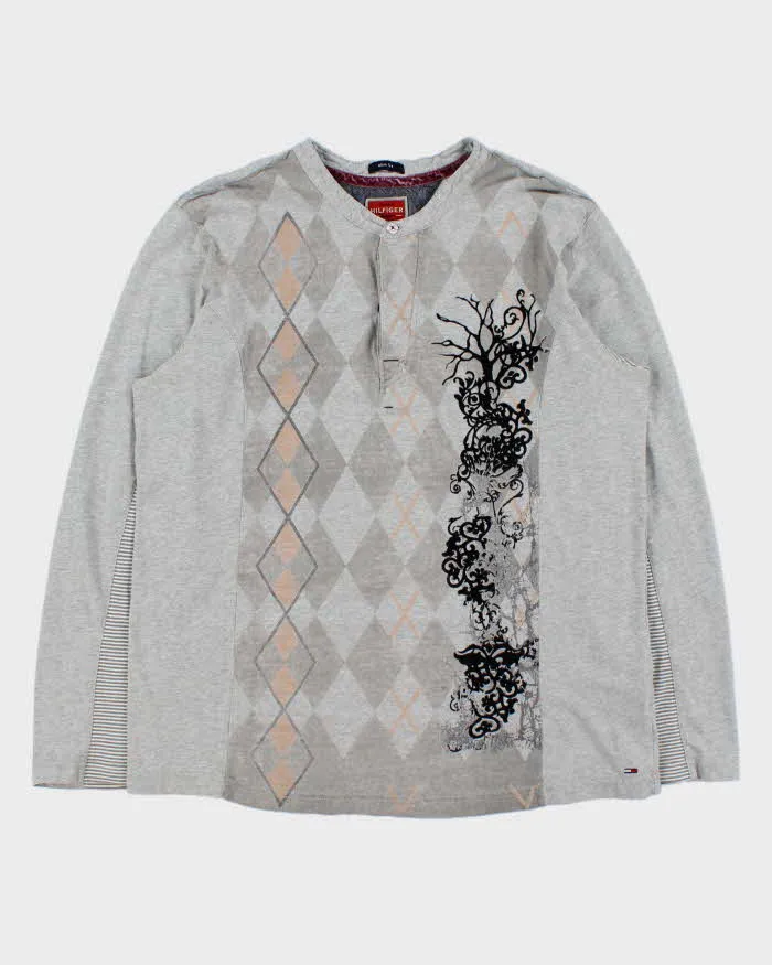 Vintage Y2K 00s Tommy Hilfiger Marl Grey Graphic Argyle Slim Fit Long Sleeve Henley T-Shirt - XL sold by Rokit