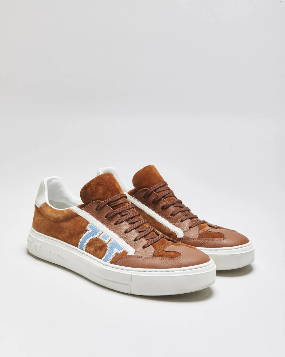 2024 Salvatore Ferragamo Gancini Borg Tan Suede Leather Low Trainers - UK10 sold by Rokit