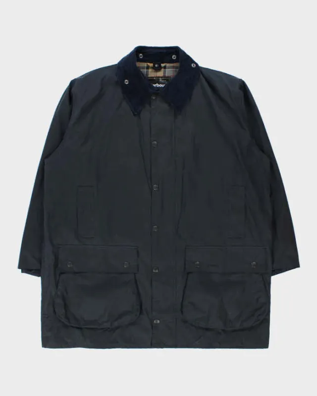 Vintage Barbour Classic Navy Border Tartan Lined Waxed Country Jacket - 3XL made by Barbour