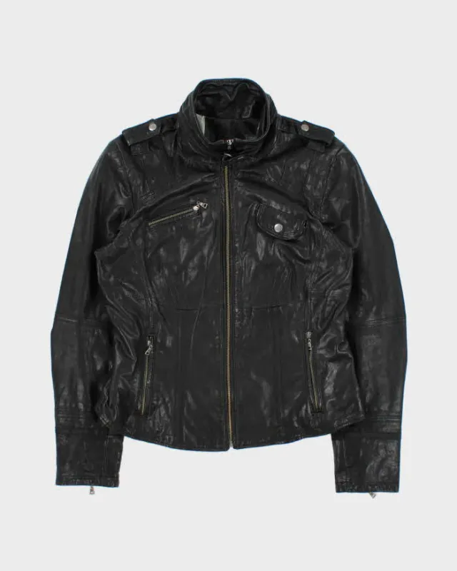 Vintage Y2K 00s Danier Women's Funnel Neck Italian Leather Cafe Racer Moto Jacket - M made by Rokit