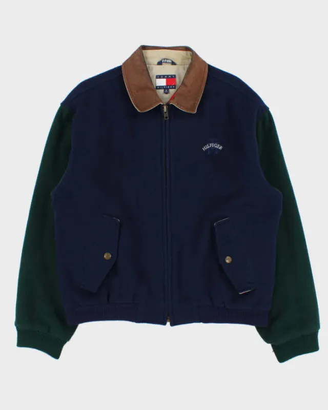 Vintage 1990s Tommy Hilfiger Wool Blend Colour Block Quilt Lined Leather Collar Bomber Jacket - S made by Tommy Hilfiger