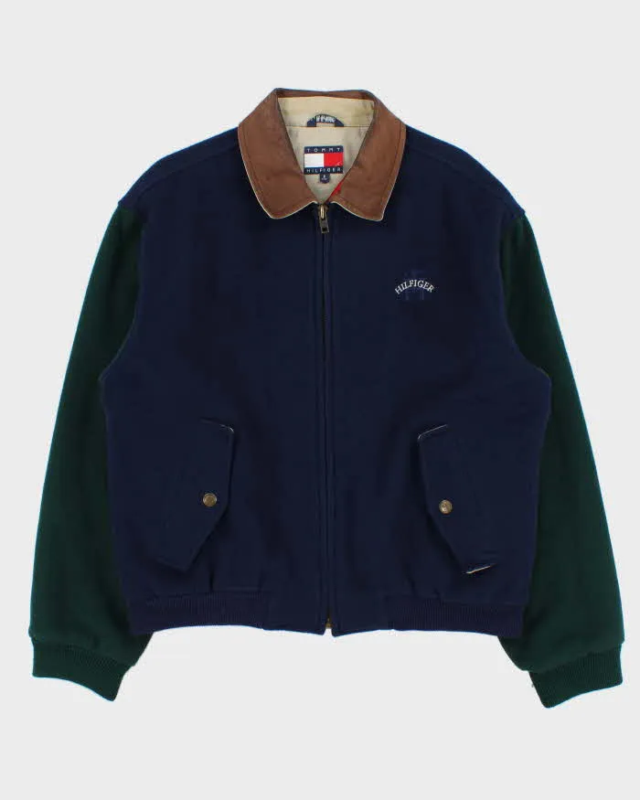Vintage 1990s Tommy Hilfiger Wool Blend Colour Block Quilt Lined Leather Collar Bomber Jacket - S sold by Rokit