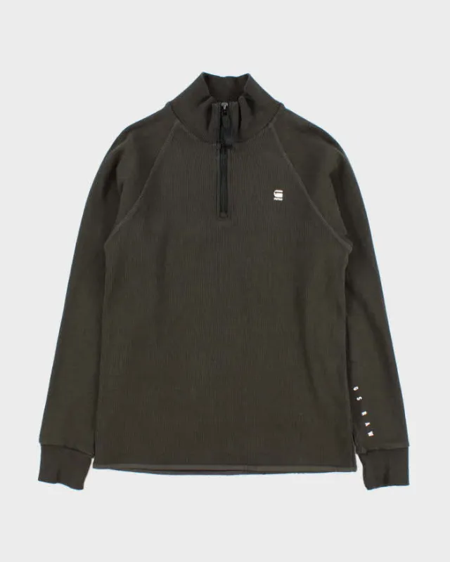 Vintage G-Star Raw Khaki Ribbed Sustainable Heavyweight Cotton Quarter-Zip Sweatshirt - L made by G-Star RAW