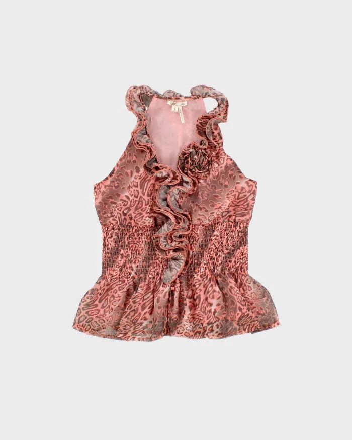 Vintage Y2k 2000s Marineblu Leopard Print Ruffle Shirred Waist Top - S sold by Rokit