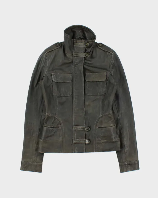 Vintage Y2K 00s Danier Women's Moss Green Contrast Stitch Leather Moto Jacket - XS made by Rokit
