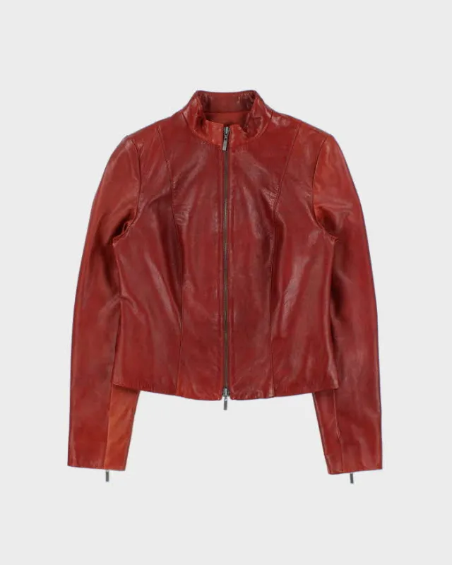 Vintage Y2K 00s Danier Women's Burnt Orange-Red Italian Leather Cafe Racer Moto Jacket - XS made by Rokit
