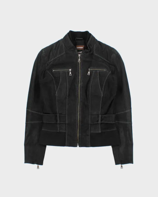 Vintage Y2K 00s Danier Women's Grained Leather Contrast Stitch Belted Cafe Racer Moto Jacket - S made by Rokit