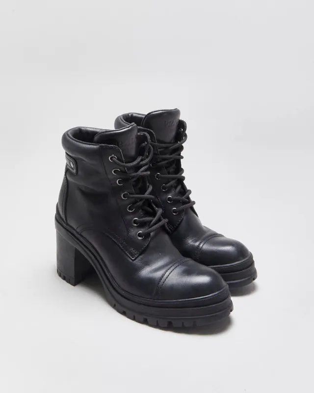 AW2020 Prada Women's Black Leather Lace Up Block Heel Combat Ankle Boots - UK2 made by Prada