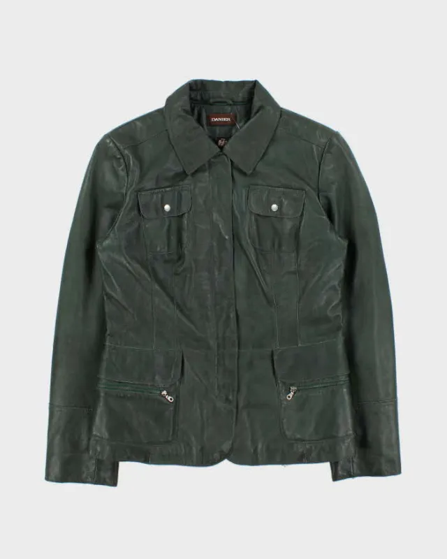 Vintage Y2K 00s Danier Women's Hunter Green Calfskin Leather Quilt Lined Safari Biker Jacket - L made by Rokit