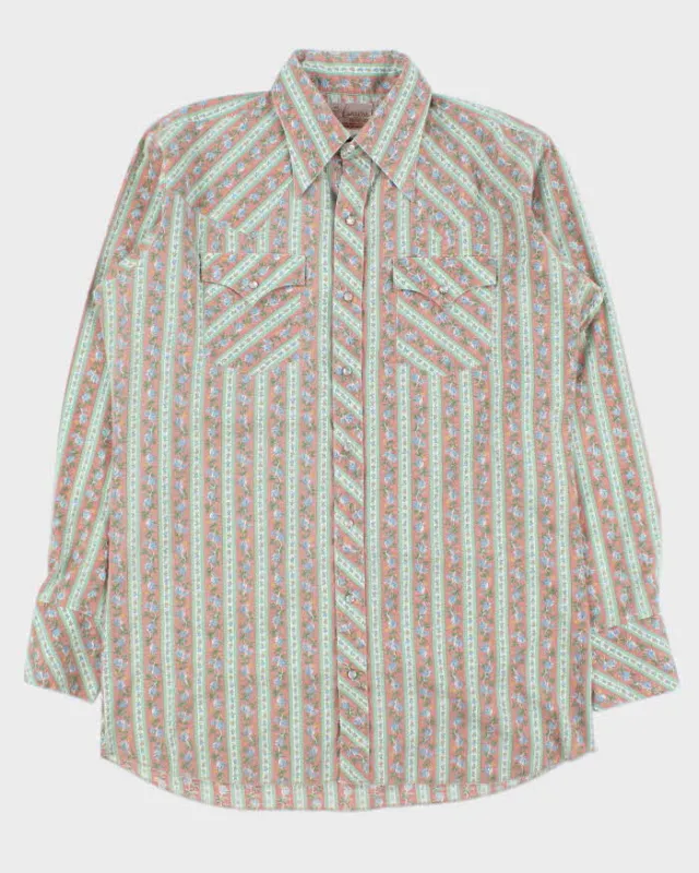 Vintage 1970s Caravan Alberta Striped Floral Pearl Snap Button Long Sleeve Perma Press Western Shirt - L made by Rokit