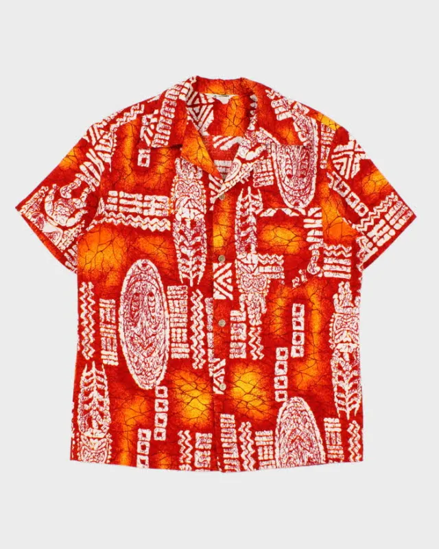 Vintage 1960s Made In USA Barkcloth Polynesian Tapa Single Stitch Hawaiian Shirt - L made by Rokit