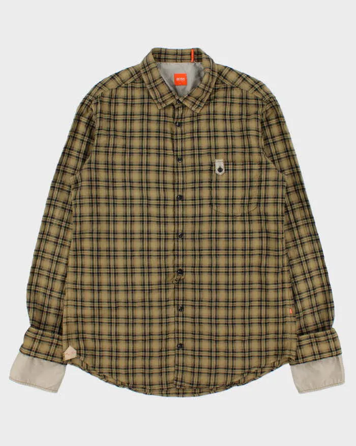 Vintage Y2K 00s Hugo Boss Khaki Plaid Double Cuff Long Sleeve Shirt - L sold by Rokit