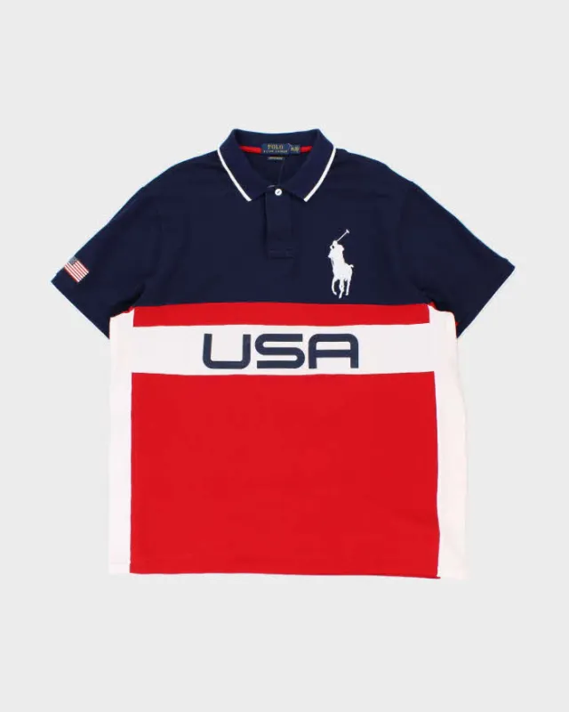 Vintage Polo Ralph Lauren Big Pony USA Flag Striped Custom Slim Short Sleeve Polo Shirt - XXL made by Ralph Lauren
