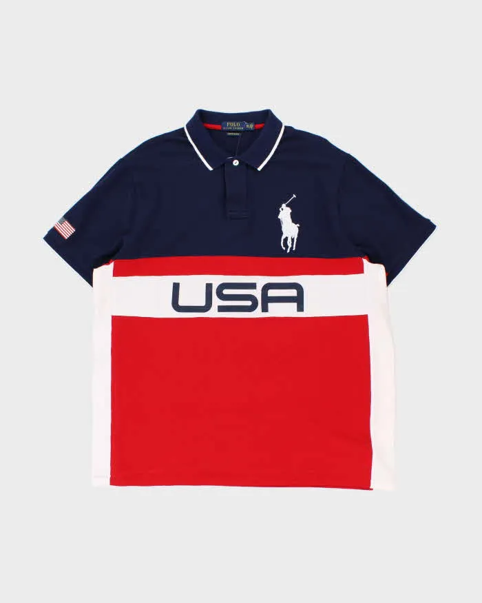 Vintage Polo Ralph Lauren Big Pony USA Flag Striped Custom Slim Short Sleeve Polo Shirt - XXL sold by Rokit