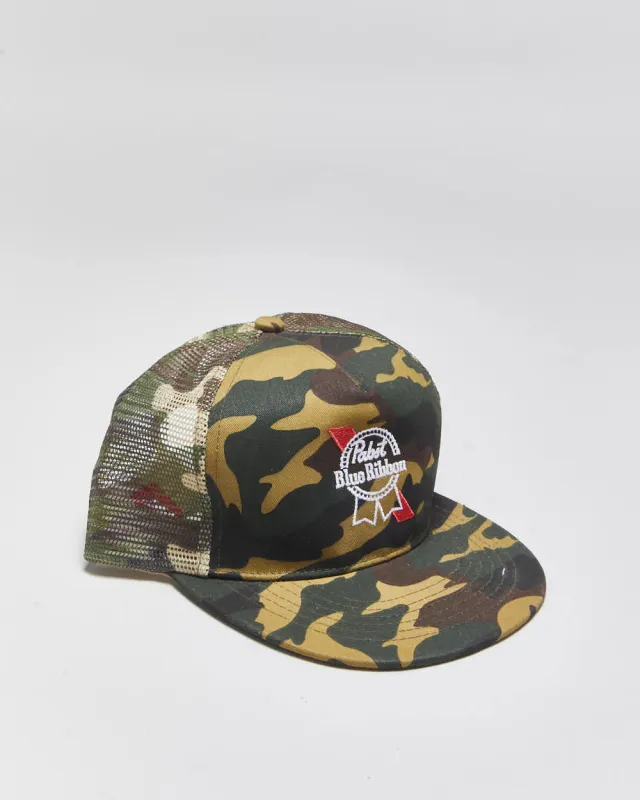 DS Vintage Pabst Blue Ribbon Beer Woodland Camo Canvas Flat Brim Trucker Hat - OS made by Rokit