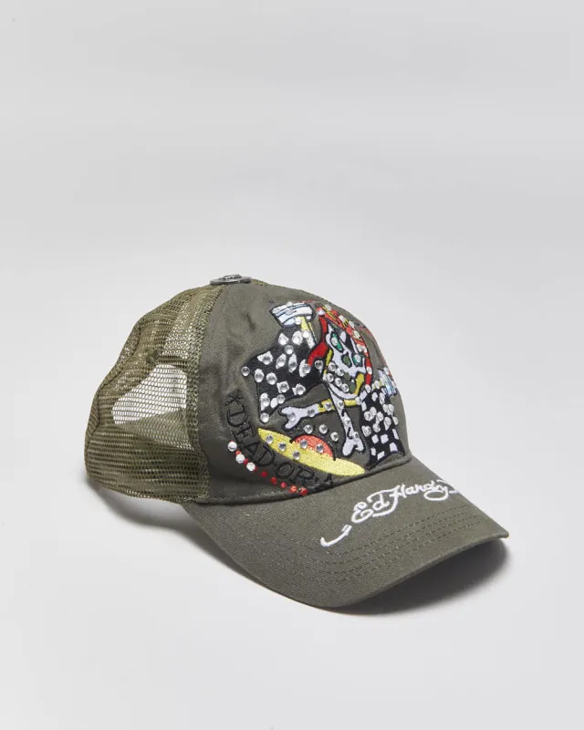 Vintage Y2K 00s Ed Hardy Khaki Embellished Skull Racer Trucker Hat - OS made by Ed Hardy