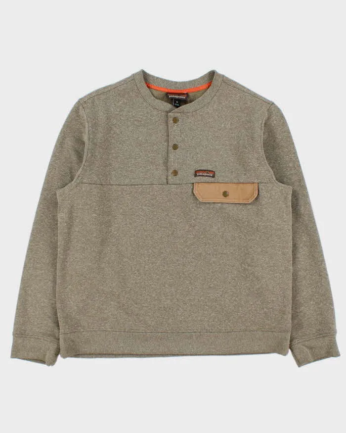 Vintage Patagonia Marl Khaki Fleece Lined Snap Button Canvas Pocket Sweatshirt - M sold by Rokit