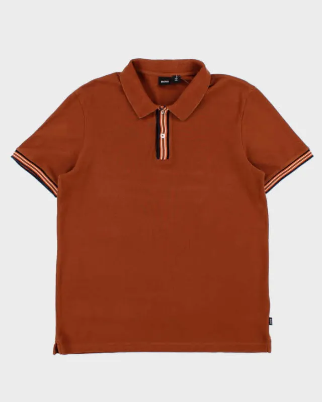 Hugo Boss Parley 107 Tan Brown Striped Short Sleeve Polo Shirt - XL made by Hugo Boss