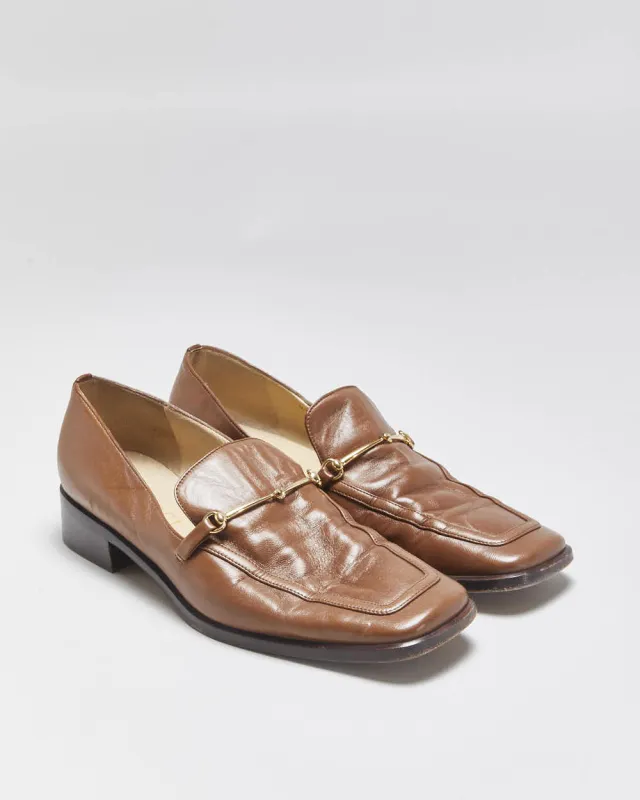 Vintage 1990s Gucci Women's Tan Brown Leather Horsebit Buckle Square Toe Heeled Loafers - UK4.5 made by Gucci