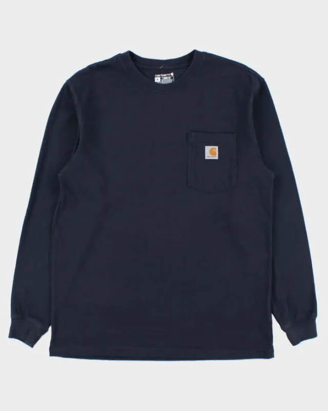 Vintage Carhartt Navy Heavyweight Loose Fit Crewneck Long Sleeve Pocket T-Shirt - M made by Carhartt