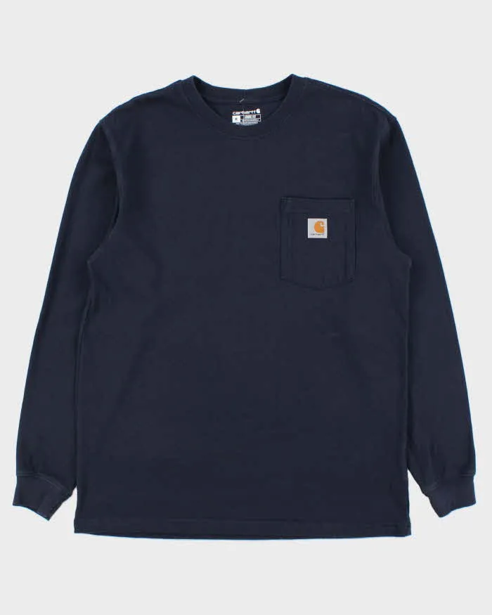 Vintage Carhartt Navy Heavyweight Loose Fit Crewneck Long Sleeve Pocket T-Shirt - M sold by Rokit