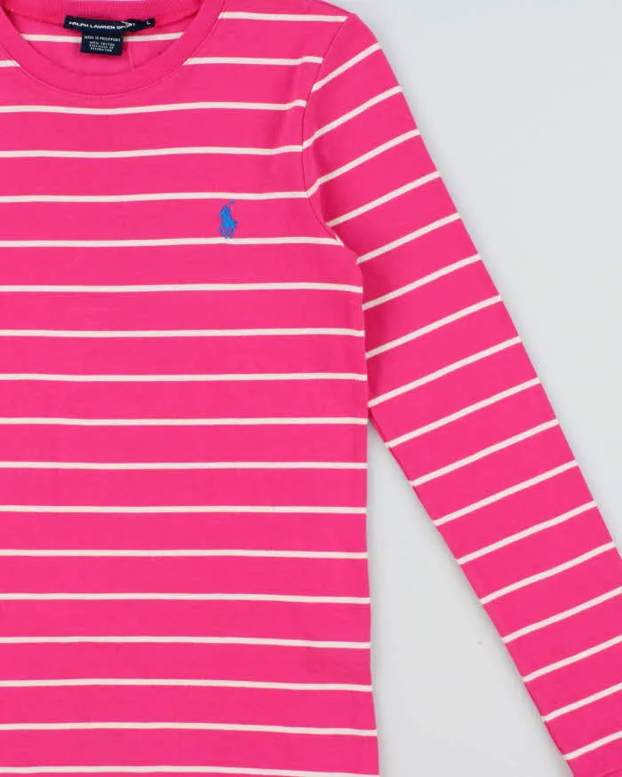 Vintage Y2K 00s Ralph Lauren Sport Women's Hot Pink Heavyweight Striped Long Sleeve Fitted Crewneck Shirt - L sold by Rokit product image thumbnail 3