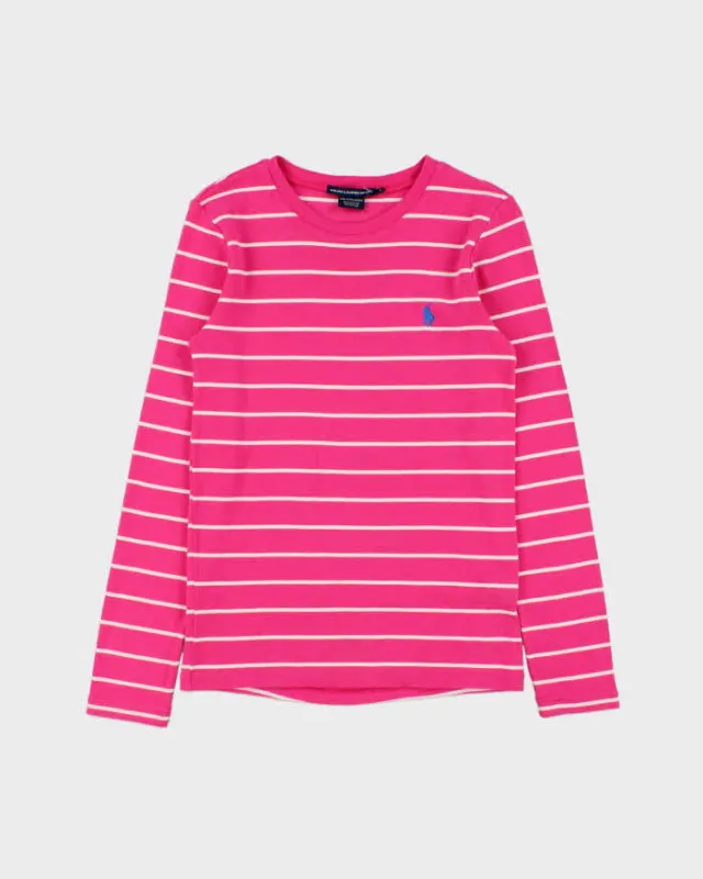 Vintage Y2K 00s Ralph Lauren Sport Women's Hot Pink Heavyweight Striped Long Sleeve Fitted Crewneck Shirt - L made by Ralph Lauren