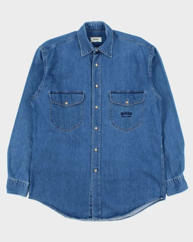 Vintage 1990s Hugo Boss Embroidered Long Sleeve Denim Shirt - M made by Hugo Boss