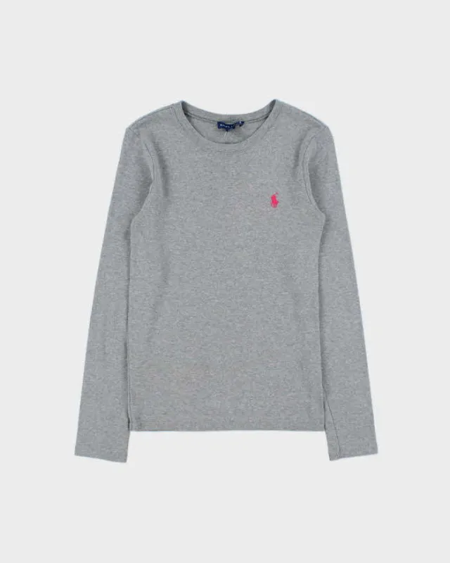 Vintage Y2K 00s Ralph Lauren Women's Marl Grey Heavyweight Fitted Long Sleeve Crewneck T-Shirt - M made by Ralph Lauren