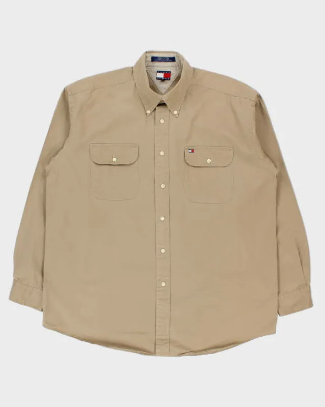 Vintage 1990s Tommy Hilfiger Khaki Long Sleeve Utility Shirt - L made by Tommy Hilfiger