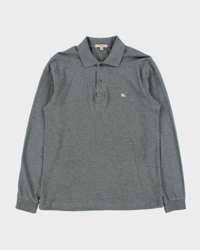 Vintage Y2K 00s Burberry Marl Grey Nova Check Trim Long Sleeve Polo Shirt - XS made by Burberry