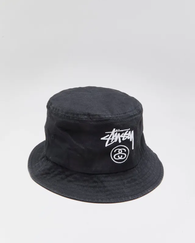 Vintage Stussy Black Canvas Stock Logo Embroidered Bucket Hat - M made by Stussy