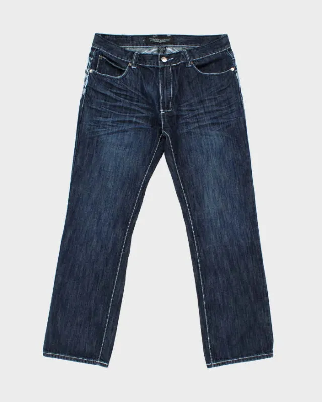 Vintage Y2K 00s Victorious Low Rise Embroidered Contrast Stitch Embellished Raw Denim Flap Pocket Straight Leg Jeans - W36 L32 made by Rokit