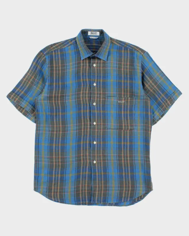 Vintage 1980s Bally International Embroidered Plaid Linen Short Sleeve Shirt - L made by Bally