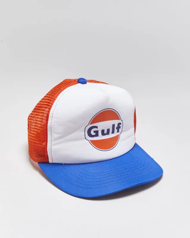 DS Vintage 1980s Gulf Oil Flat Brim AJM Trucker Hat - OS made by Rokit