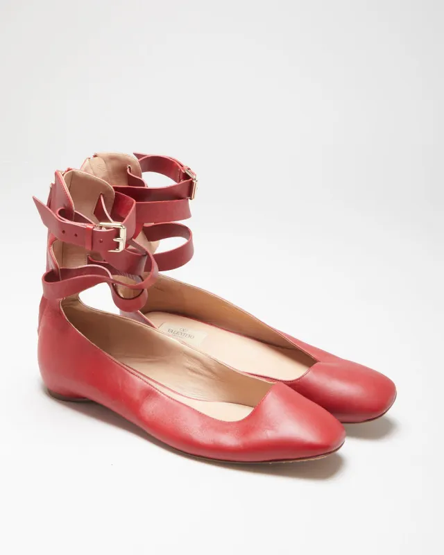 Valentino Garavani Women's Red Leather Ankle Wrap Ballerina Flat Court Shoes - UK7 made by Valentino
