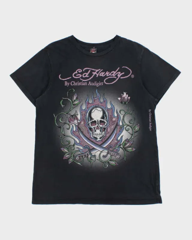 Vintage Y2K 00s Ed Hardy Christian Audigier Rhinestone Embellished Skull & X Bones Crewneck T-Shirt - M made by Ed Hardy