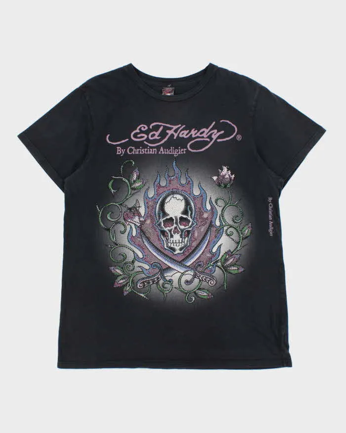 Vintage Y2K 00s Ed Hardy Christian Audigier Rhinestone Embellished Skull & X Bones Crewneck T-Shirt - M sold by Rokit