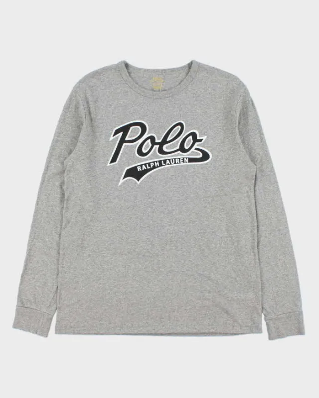 Vintage Polo Ralph Lauren Grey Marl Script Long Sleeve Crewneck T-Shirt - M made by Ralph Lauren