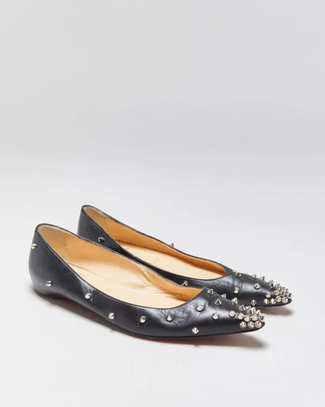 Christian Louboutin Women's Black Leather Degra Spike Pointed Toe Ballet Flats - UK5.5 made by Christian Louboutin