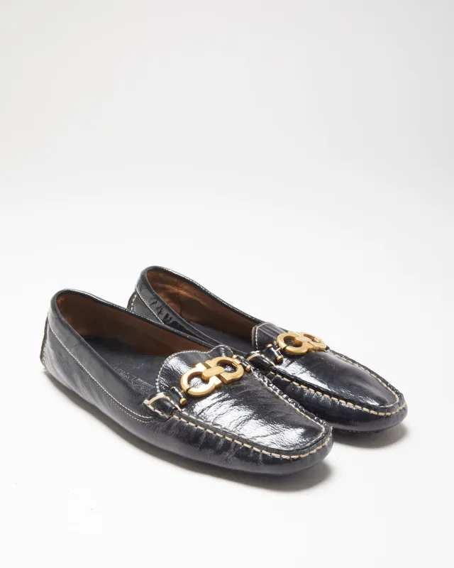 Salvatore Ferragamo Women's Black Patent Leather Gancini Horsebit Driving Loafers - UK7 made by Salvatore Ferragamo