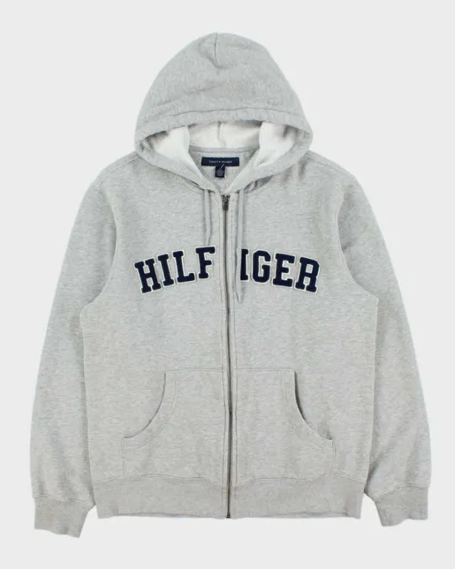 Vintage Y2K 00s Tommy Hilfiger Grey Marl Patch Embroidered Spell-Out Full-Zip Hoodie - M made by Tommy Hilfiger