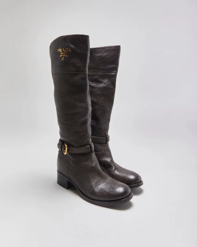 Prada Chestnut Pebble Grain Calfskin Leather Knee High Heeled Riding Boots - UK3.5 made by Prada