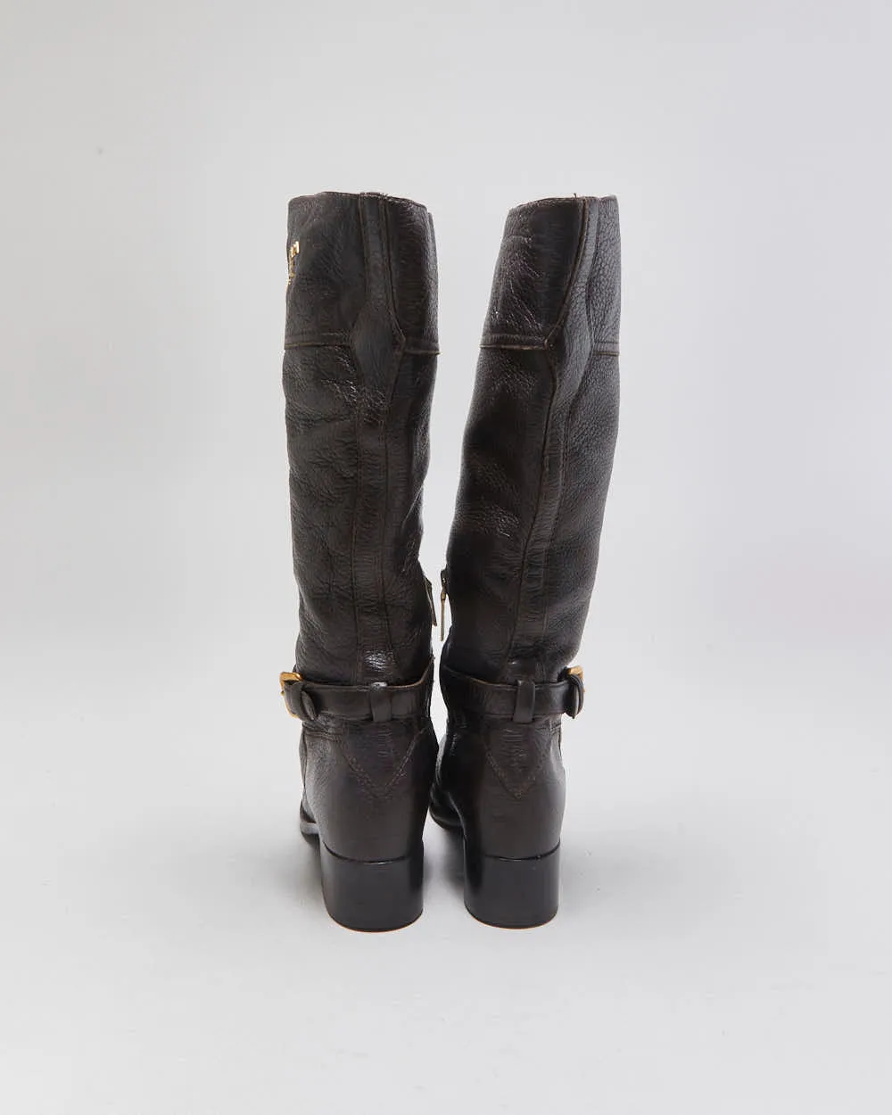 Prada Chestnut Pebble Grain Calfskin Leather Knee High Heeled Riding Boots - UK3.5 sold by Rokit product image thumbnail 4