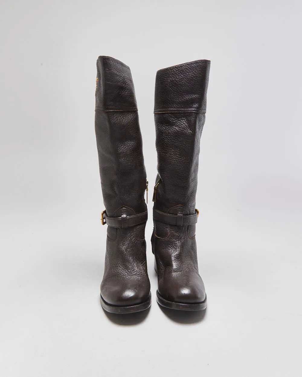 Prada Chestnut Pebble Grain Calfskin Leather Knee High Heeled Riding Boots - UK3.5 sold by Rokit product image thumbnail 3