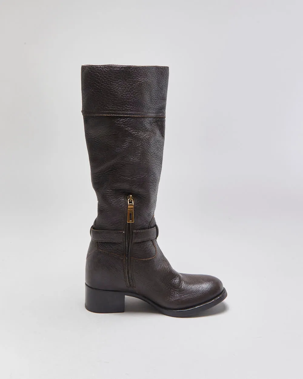 Prada Chestnut Pebble Grain Calfskin Leather Knee High Heeled Riding Boots - UK3.5 sold by Rokit product image thumbnail 2