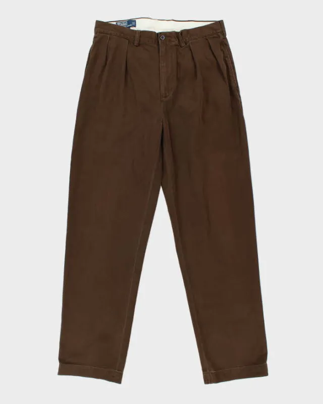 Vintage Y2K 00s Polo Ralph Lauren Brown Double Pleated Classic Chino Andrew Relaxed Straight Leg Trousers - W34 L34 made by Ralph Lauren